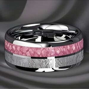 High Polish Titanium Pink and Silver Inlay Wedding Ring Band
